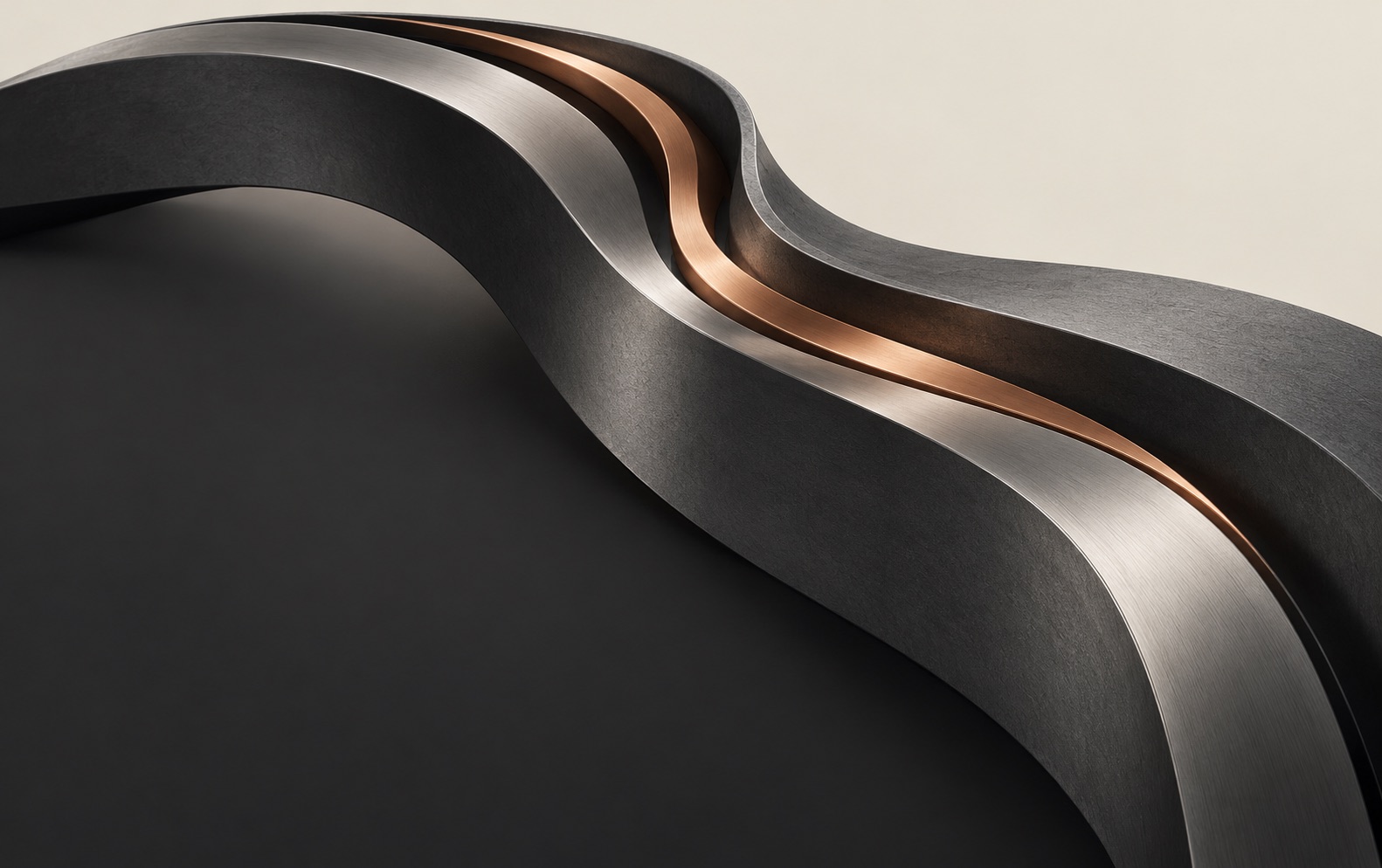 Abstract graphite and copper ribbons flowing into a clear direction